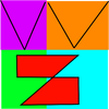 This is the logo across most of my Web presence: YT, Reddit, Feddit, NeoCities... It comprises of four aspects: purple, orange, green and cyan. In the top left and top right aspects are V's, and across the lower aspects is a numerical 5 represented as two squares with a triangle cut off.